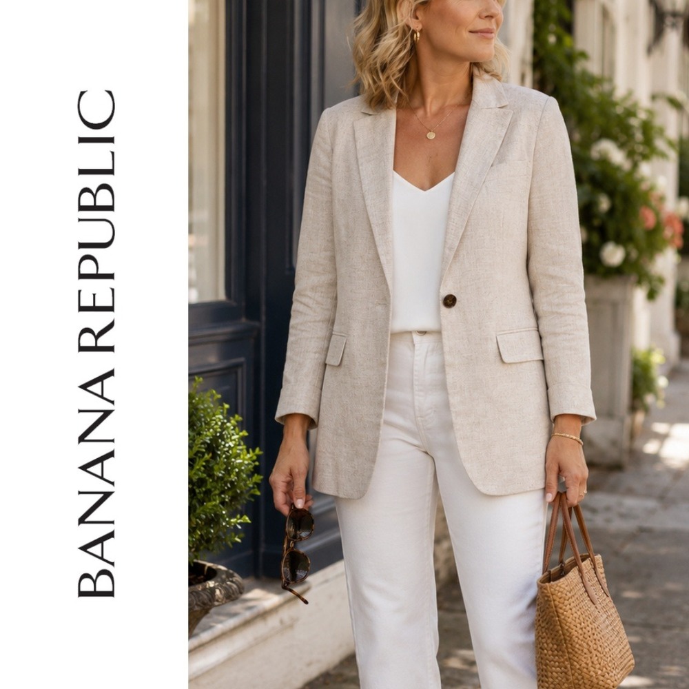 Banana Republic, Linen Cotton Blazer Oatmeal Beige‎ Single Button Size 2